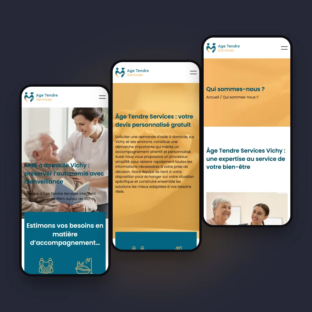 Âge Tendre Services - Le site sur mobile : accueil, demande de devis et présentation