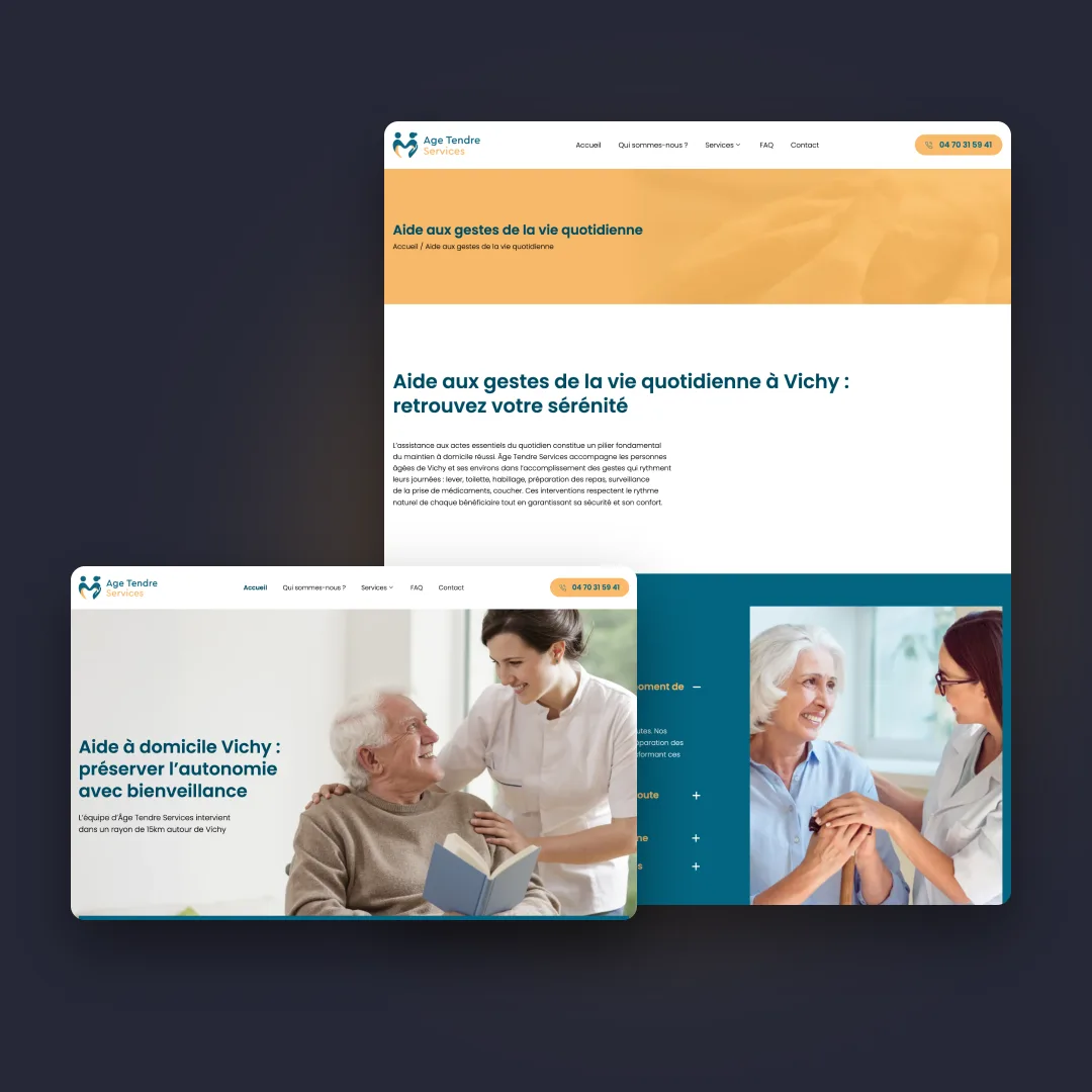 Âge Tendre Services - Page aide aux gestes de la vie quotidienne et page d'accueil