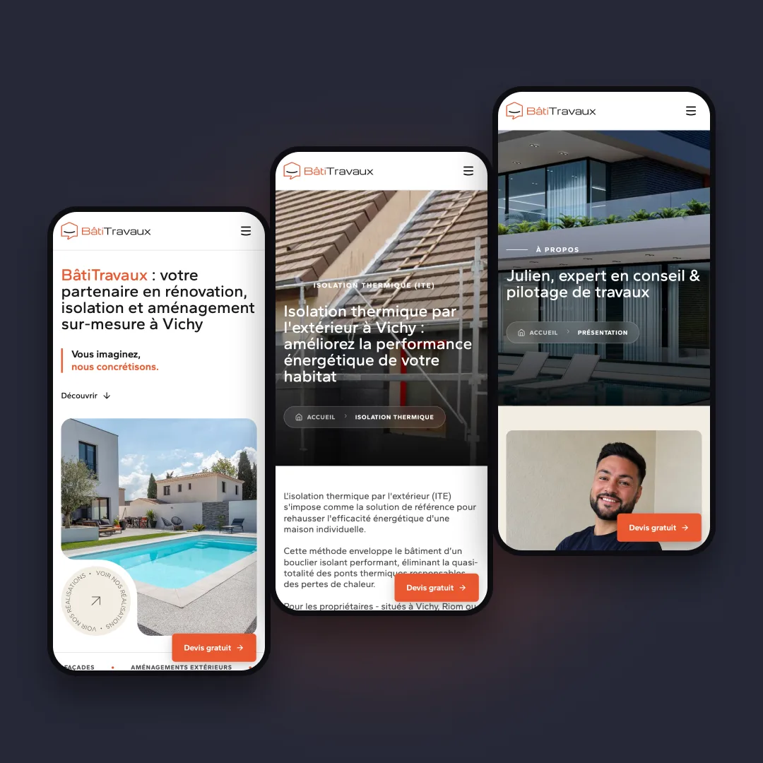 BâtiTravaux - Le site sur mobile : accueil, isolation thermique et présentation