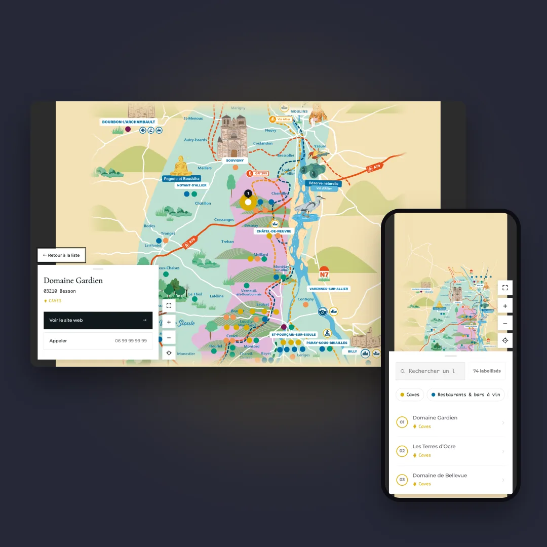 Vins de Saint-Pourçain - Fiche d'un partenaire ouverte sur la carte interactive, sur ordinateur et sur mobile