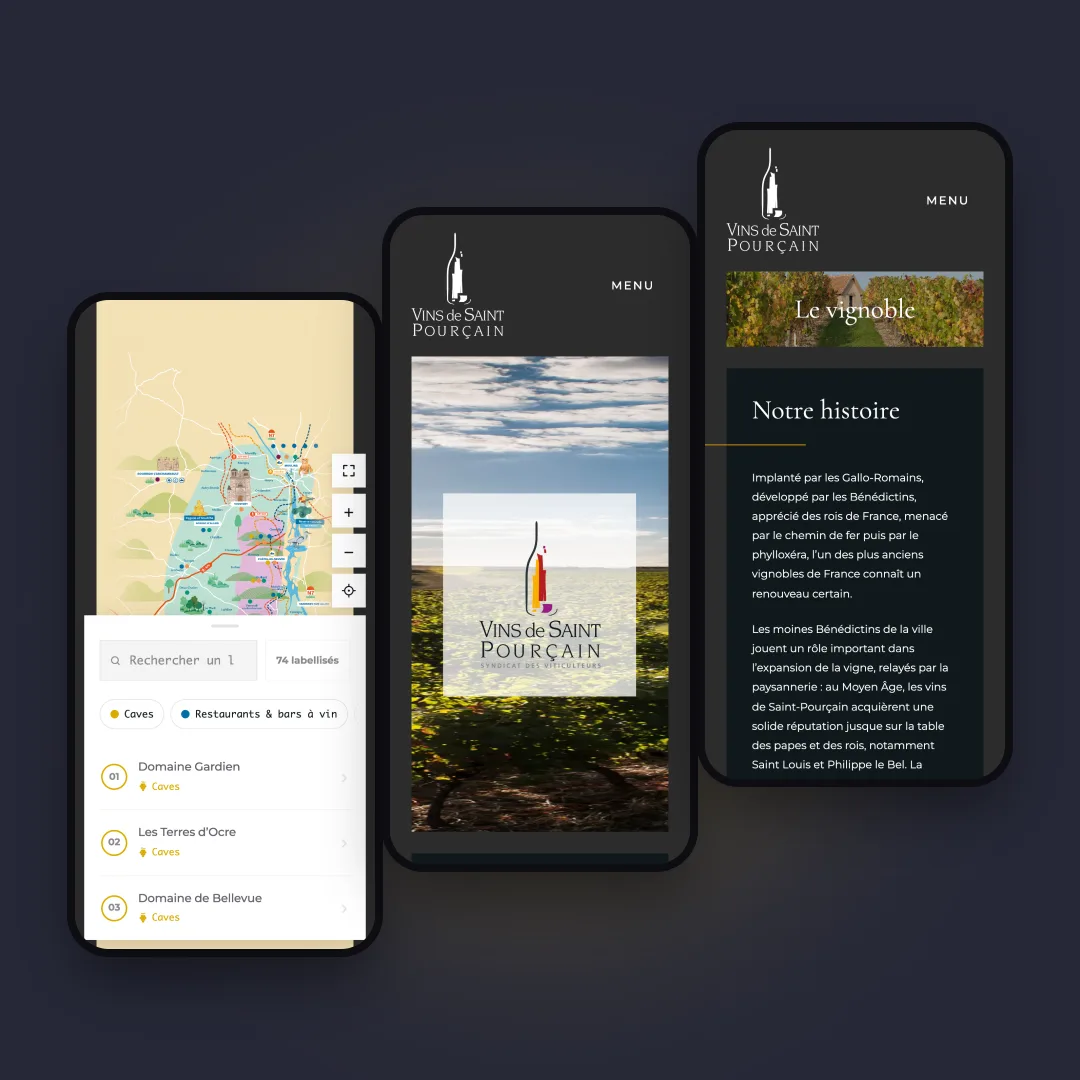 Vins de Saint-Pourçain - Le site sur mobile : carte interactive, accueil et page du vignoble