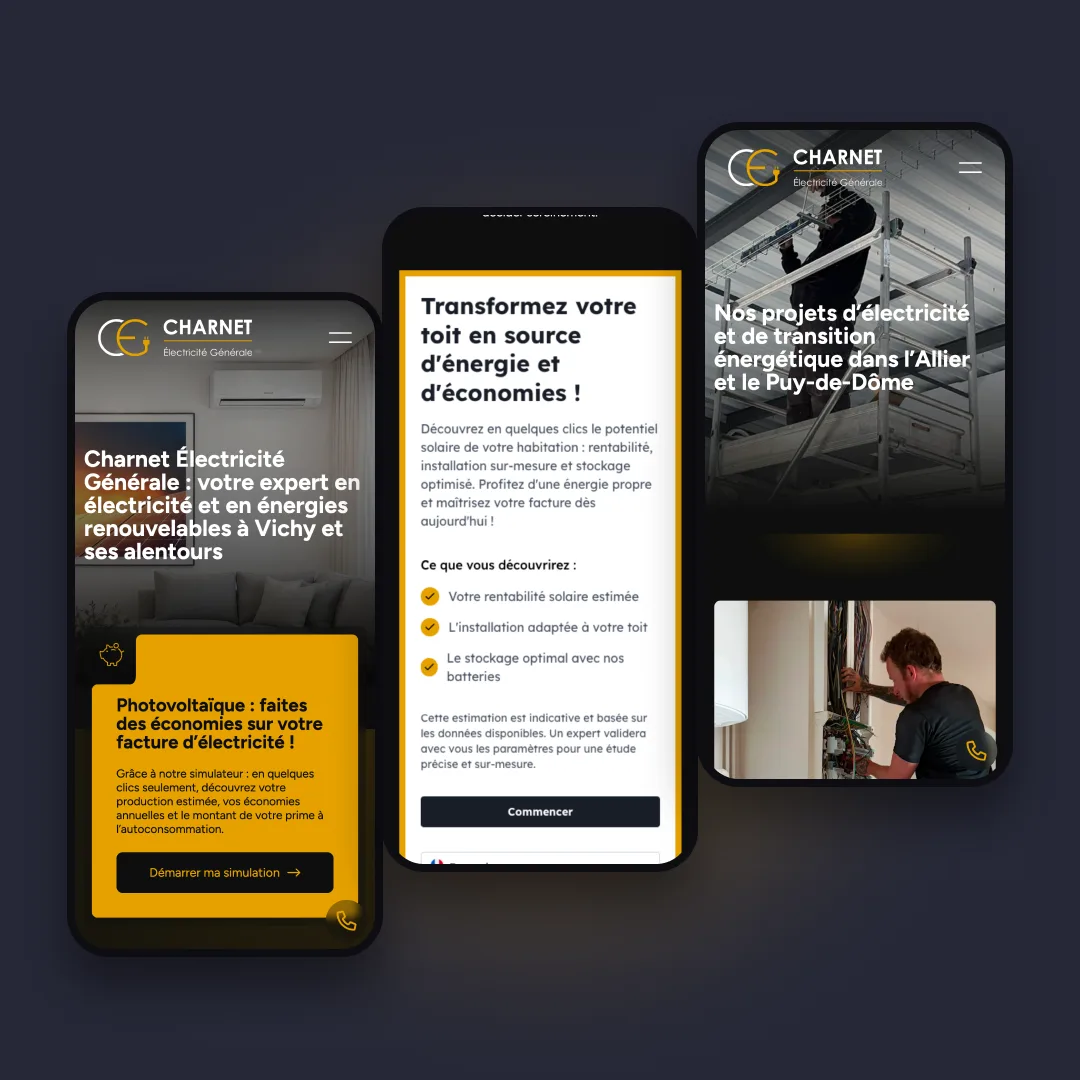 Charnet Électricité - Le site sur mobile : accueil, simulateur et réalisations