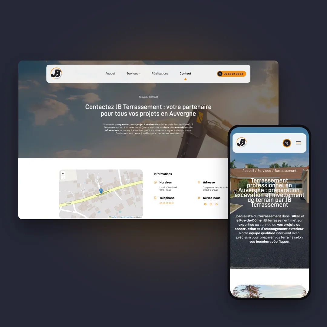 JB Terrassement - Page contact sur ordinateur et sur mobile