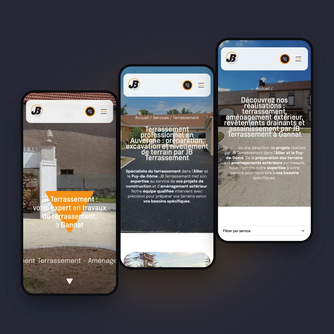 JB Terrassement - Le site sur mobile : accueil, service terrassement et réalisations