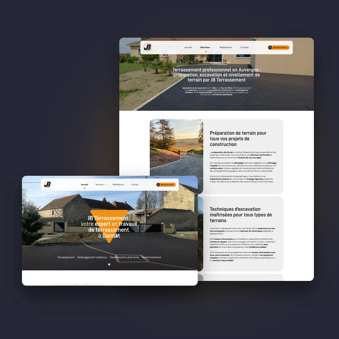 JB Terrassement - Page service terrassement et page d'accueil