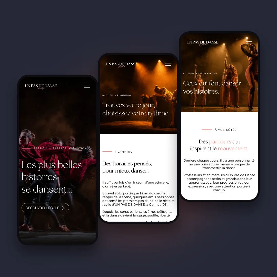 Un Pas de Danse - Le site sur mobile : accueil, planning et professeurs