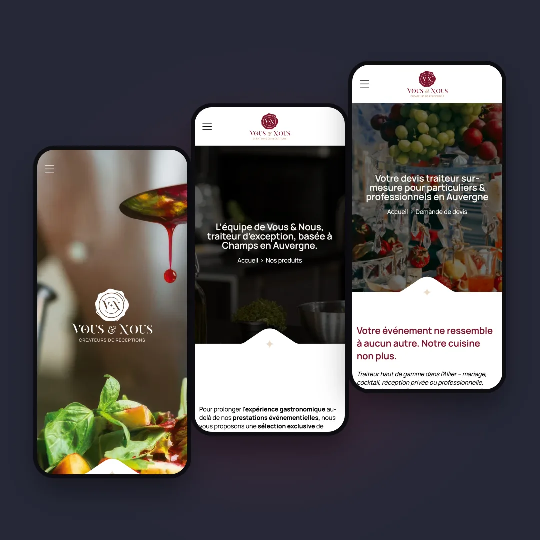 Vous & Nous - Le site sur mobile : accueil, produits et demande de devis